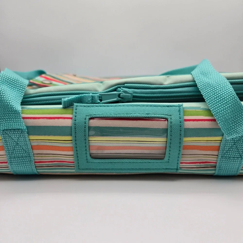 Thirty-One Perfect Party Set Teal Striped Insulated Expandable Picnic Carrier